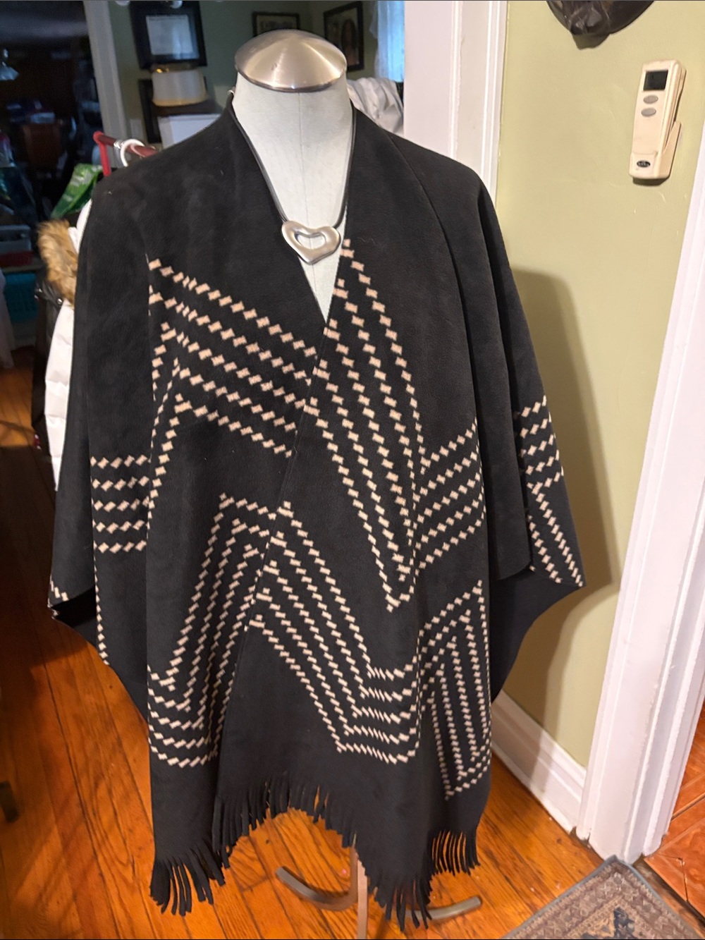 RACHEL Rachel Roy Black and Cream Geometric Fringe Poncho